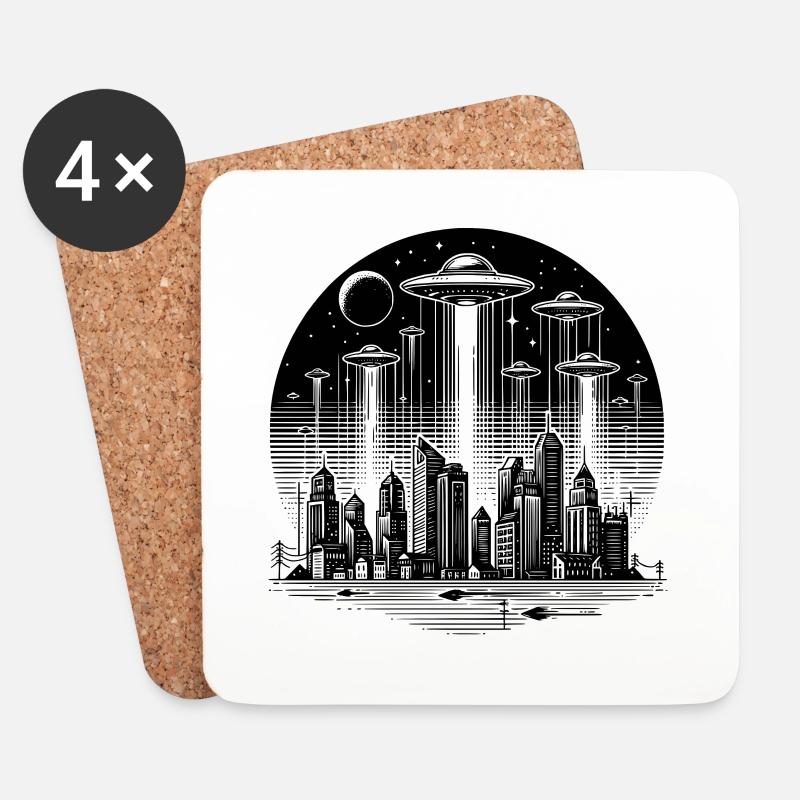 UFOs auf der Stadt - Untersetzer (4er-Set) - Weiß