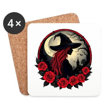 Hexe mit roten Haaren, Schloss, Mond, Fledermäusen - Untersetzer (4er-Set) - Weiß - Vorne