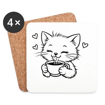 Le chaton boit café, câlin, magie - Dessous de verre (lot de 4) - blanc - Devant