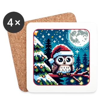Mignon hibou avec chapeau de Père Noël assis sur une branche - Dessous de verre (lot de 4) - blanc - Devant