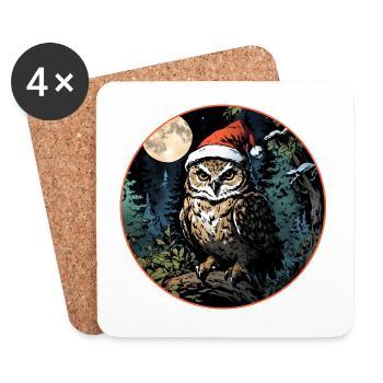 Petit hibou de Noël avec chapeau de Père Noël - Dessous de verre (lot de 4) - blanc - Devant