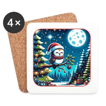 Cute owl with Santa hat sitting on a branch - Coasters (set of 4) - white - Front