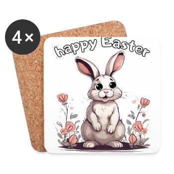 fröhliche Ostern - kleines Häschen im Blumenfeld - Untersetzer (4er-Set) - Weiß - Vorne