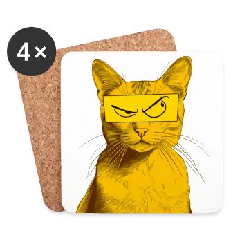 Katze mit Comic Augen V1, gelb, Zeichnung, - Untersetzer (4er-Set) - Weiß - Vorne