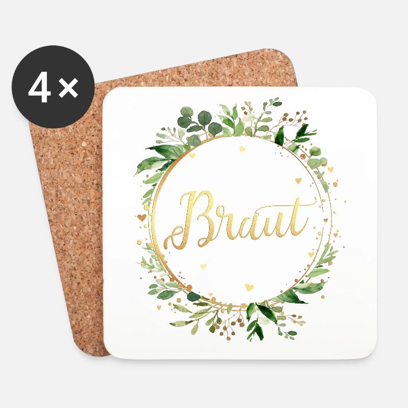 (leaf_frame_round_green_gold_braut) - Untersetzer (4er-Set) - Weiß