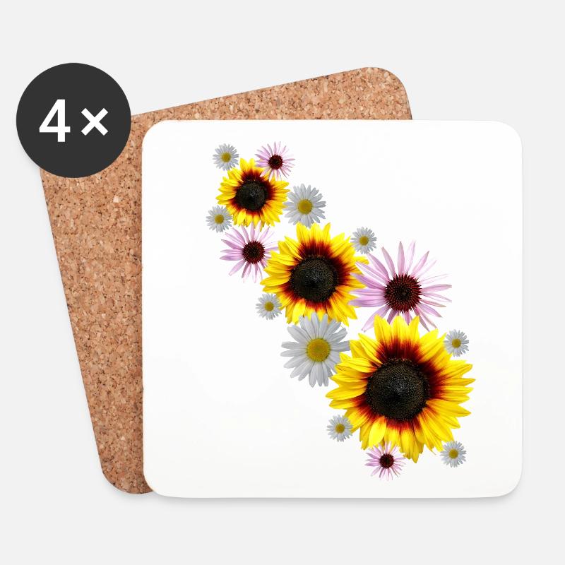 Blumenranke mit Sonnenblumen, Margeriten, Blumen - Untersetzer (4er-Set) - Weiß