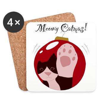 Meowy Catmas roter Ball, Smoking-Katze - Untersetzer (4er-Set) - Weiß - Vorne
