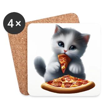 Katze isst Pizza - Untersetzer (4er-Set) - Weiß - Vorne