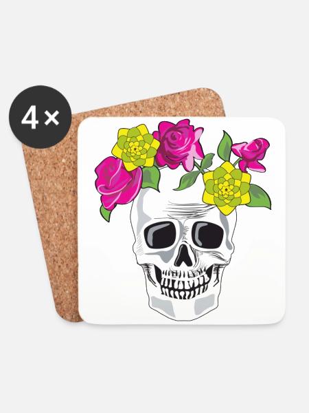 Totenkopf mit Blumen - Untersetzer (4er-Set) - Weiß