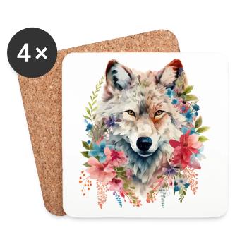 Wolf Wolfskopf Blumen Natur Wildnis Aquarell Kunst - Untersetzer (4er-Set) - Weiß - Vorne