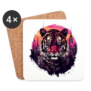 tigre, tête de tigre, gros chat, prédateur, ville, néon - Dessous de verre (lot de 4) - blanc - Devant