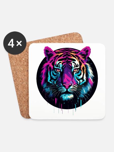 Tiger Tigerkopf Neon Bunt Farbenfroh Wild Mutig - Untersetzer (4er-Set) - Weiß