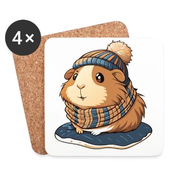 Mignon cochon d’Inde avec écharpe et chapeau à pompon. - Dessous de verre (lot de 4) - blanc - Devant