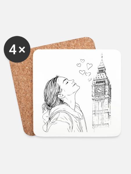 London Big Ben England Frau Herzen Line Art Kunst - Untersetzer (4er-Set) - Weiß