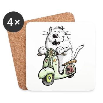 Cool Cat Rides Scooter Fun Design Cat Motive - Coasters (set of 4) - white - Front