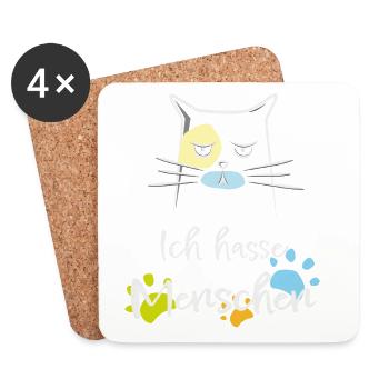 Ich hasse Menschen! Katze, Miesepeter - Untersetzer (4er-Set) - Weiß - Vorne