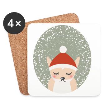 renard mignon avec chapeau de Noël du Père Noël - Dessous de verre (lot de 4) - blanc - Devant