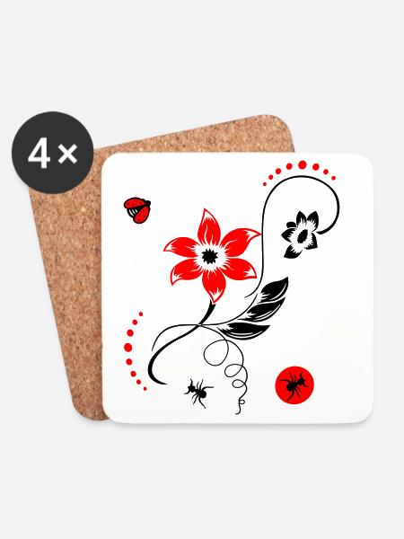 Sommerblume mit Marienkäfer und Ameisen - Untersetzer (4er-Set) - Weiß