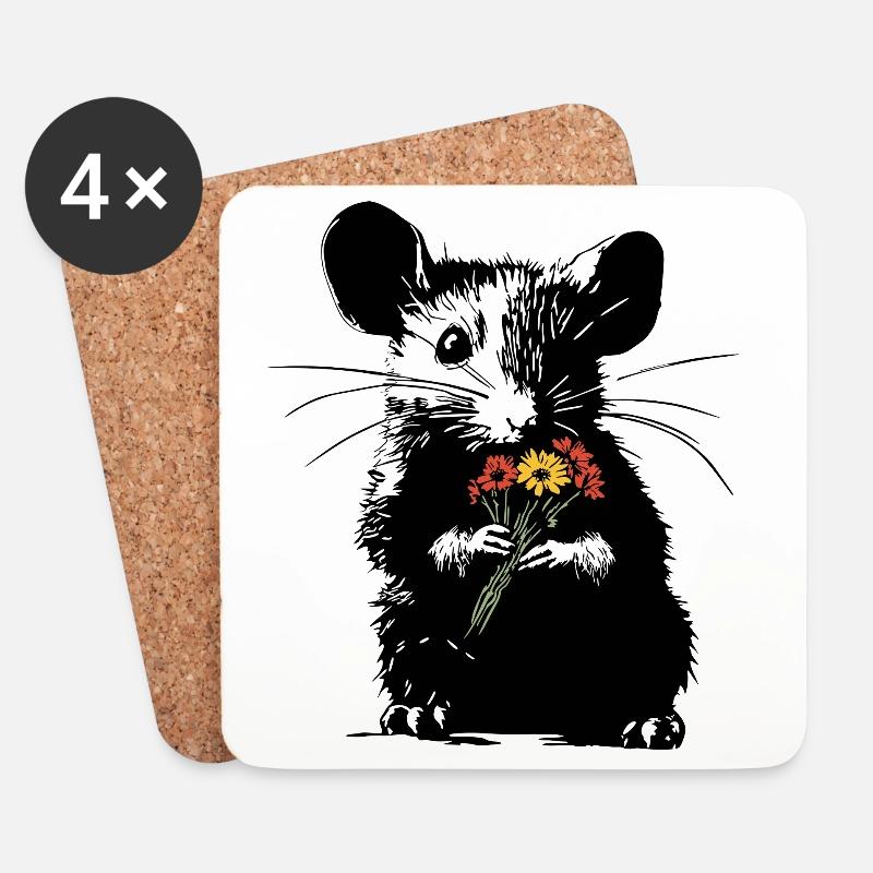 Maus mit bunten Blumenstrauß - Stencil Love - Untersetzer (4er-Set) - Weiß