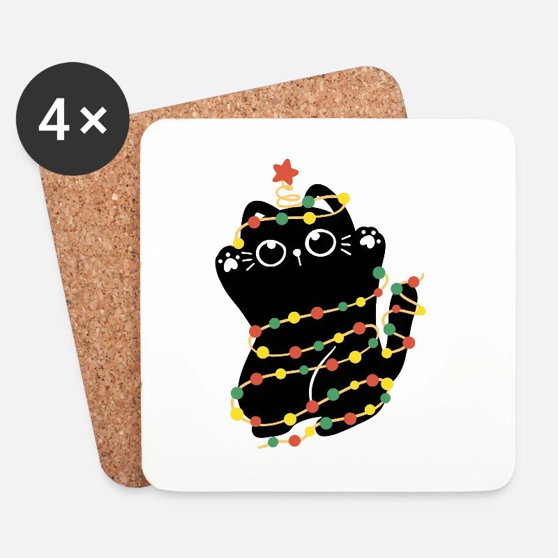 Weihnachtsbeleuchtung Katze - Untersetzer (4er-Set) - Weiß