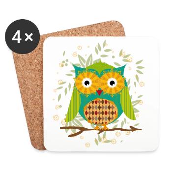 kunstvoll gestaltete Eule mit Patchwork-Muster - Untersetzer (4er-Set) - Weiß - Vorne