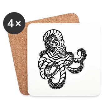 Octopus – Line Art Sea Animal in Black and White - Coasters (set of 4) - white - Front
