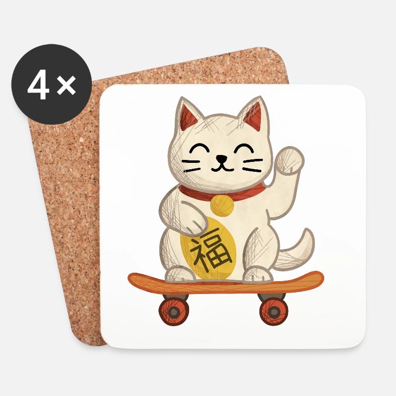Maneki-neko Katzen-Skateboard - Untersetzer (4er-Set) - Weiß