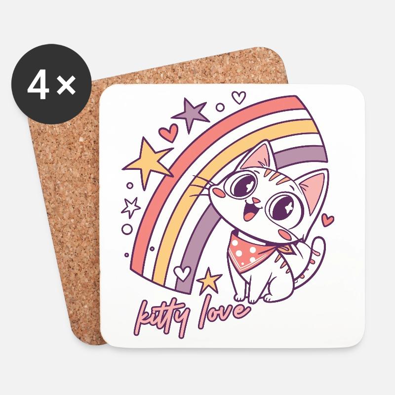 Kitty Love Regenbogenkatze Illustration - Untersetzer (4er-Set) - Weiß