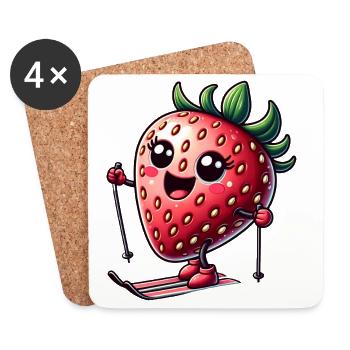 Fraise amusante en skiant en hiver - Dessous de verre (lot de 4) - blanc - Devant