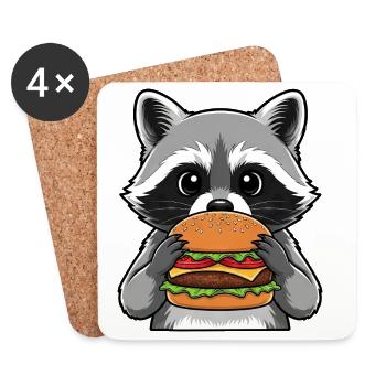 Dessin animé mignon de raton laveur avec burger fast-food - Dessous de verre (lot de 4) - blanc - Devant