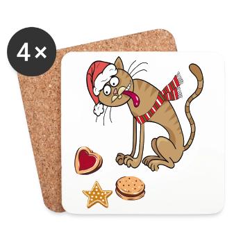 Chat de Noël avec chapeau et écharpe - Dessous de verre (lot de 4) - blanc - Devant