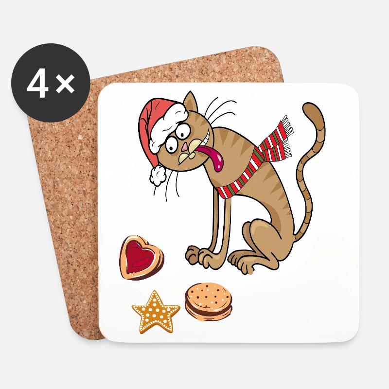 Weihnachtskatze mit Hut und Schal - Untersetzer (4er-Set) - Weiß