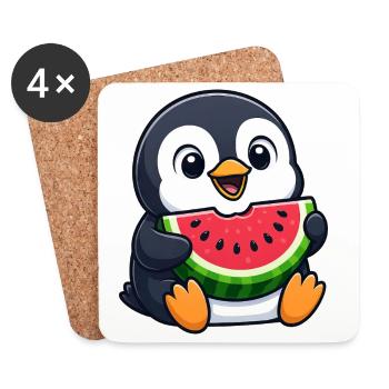 Funny Penguin with Melon Summer Fruit Cartoon - Coasters (set of 4) - white - Front