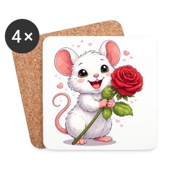 Süße Maus mit Rose–Valentinstagsmotiv voller Liebe - Untersetzer (4er-Set) - Weiß - Vorne