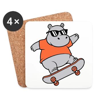 Cooles Nilpferd Skater Skateboard Vektor - Untersetzer (4er-Set) - Weiß - Vorne