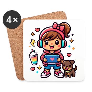 Aesthetic Gamer Girl with a surf tablet and a Pup - Coasters (set of 4) - white - Front