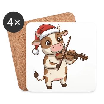 Animal de la ferme de vaches de Noël jouant du violon - Dessous de verre (lot de 4) - blanc - Devant