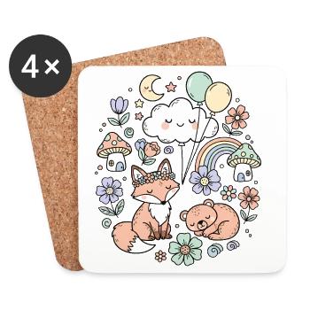 Le renard mignon et l’ours endormi avec le nuage - Dessous de verre (lot de 4) - blanc - Devant