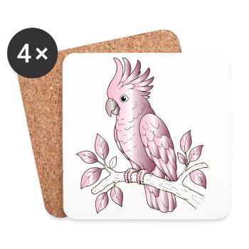 Pink cockatoo on branch cartoon design - Coasters (set of 4) - white - Front