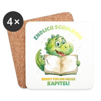 Endlich Schulkind Aquarell Dino mit Buch - grün  - Untersetzer (4er-Set) - Weiß - Vorne
