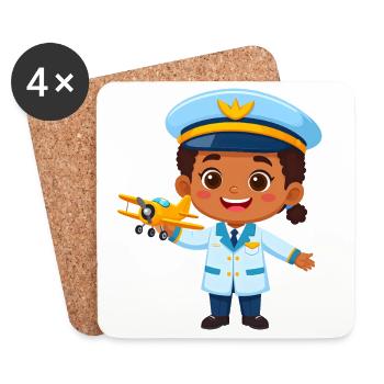 Kawaii Captain with Airplane – Cute Pilot Art - Coasters (set of 4) - white - Front