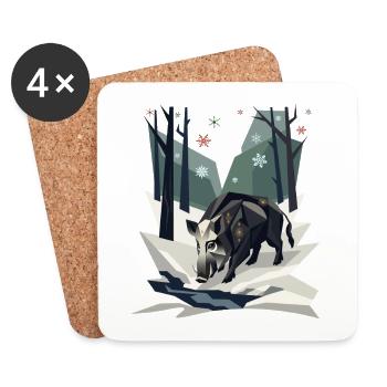 Wildschwein im Low-Poly-Winterwald - Untersetzer (4er-Set) - Weiß - Vorne
