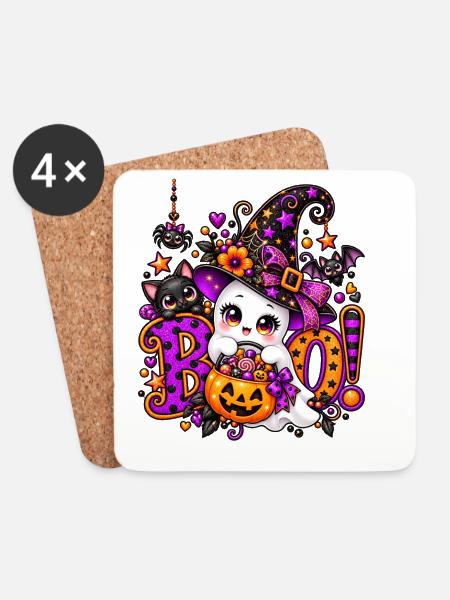 Süße Halloween-Hexe mit Kürbiskorb - Untersetzer (4er-Set) - Weiß