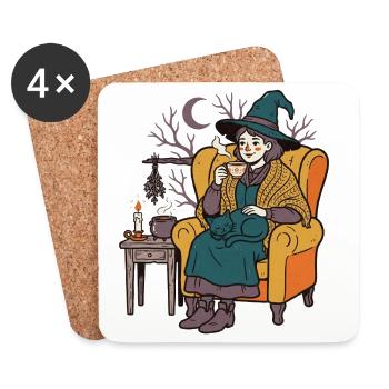 Die Hexe beim Tee mit ihrer Katze - Untersetzer (4er-Set) - Weiß - Vorne