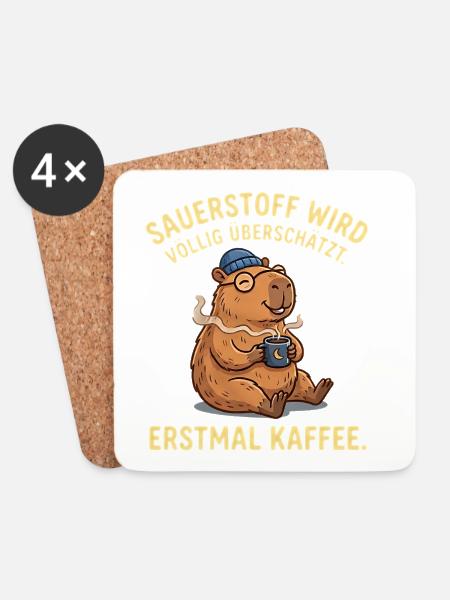 Lustiges Kaffee T-Shirt mit Capybara & Brille - Untersetzer (4er-Set) - Weiß