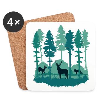 Wald und Waldtiere - Bäume, Reh, Hirsch und Fuchs - Untersetzer (4er-Set) - Weiß - Vorne
