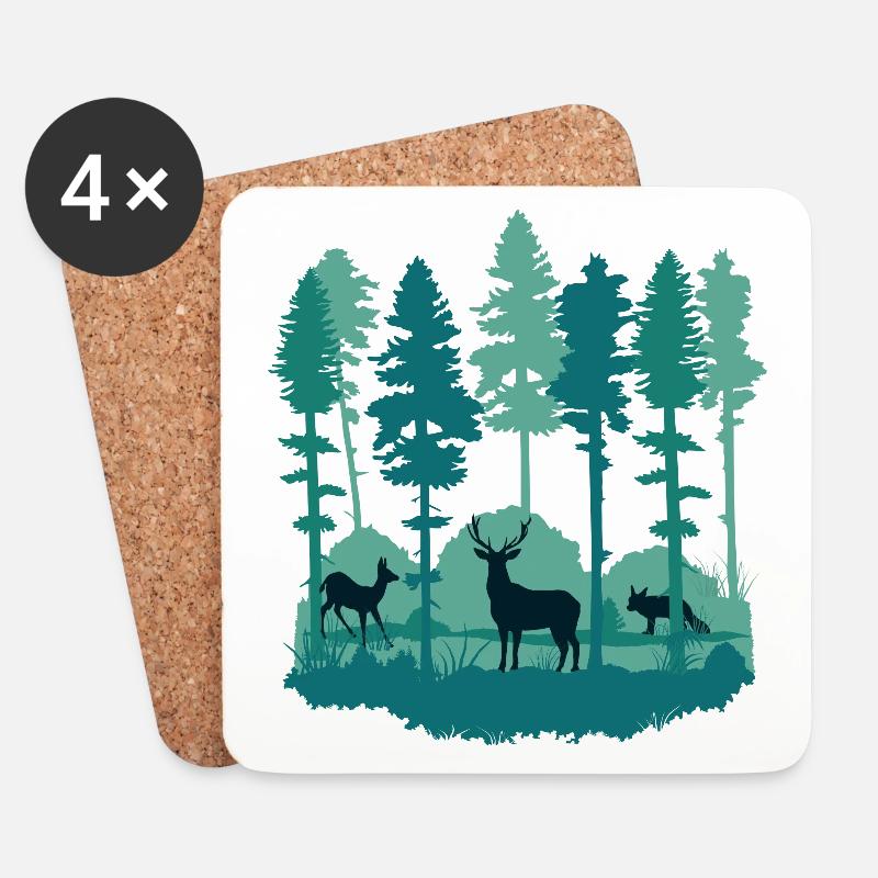Wald und Waldtiere - Bäume, Reh, Hirsch und Fuchs - Untersetzer (4er-Set) - Weiß