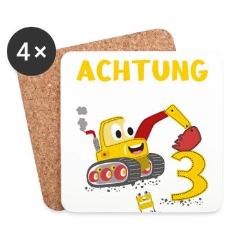 Kinder 3. Geburtstag Jungs mit Bagger, Baustelle - Untersetzer (4er-Set) - Weiß - Vorne