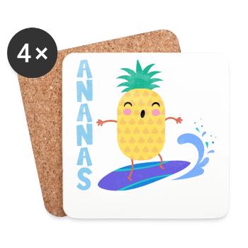 ananas chevauchant des vagues sur une planche de surf, - Dessous de verre (lot de 4) - blanc - Devant