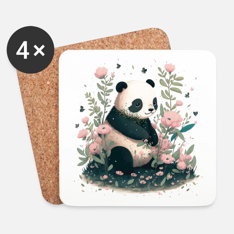 Niedlicher Panda Bär mit rosa Blumen - Untersetzer (4er-Set) - Weiß